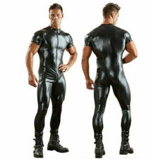 Herren Latex Gummi Leder Body Overalls Anzug Catsuit Zipper Strampler Kleidung