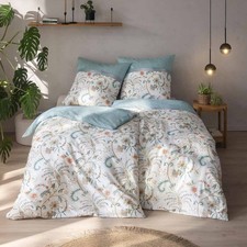 Estella Bio Mako Satin Bettwäsche 155x220 Leia azur Blüten Ranken koralle 3427-6