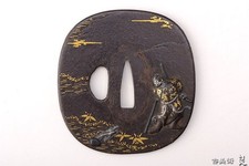 Japanisches antikes Shoami Gold Intarsien Bild Krieger Schwert Garde Katana Tsuba