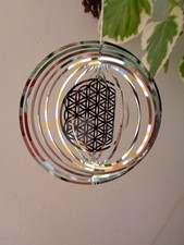 Set 2 Windspiele  Blume des Lebens 10cm NEU Dreheffekte Metall Silber Garten #S