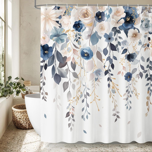 Duschvorhang blau pink blumen - blau,