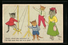 Künstler-AK Katzenkinder mit Gouvernante an einer Schaukel 
