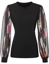 Neu Rippshirt mit Chiffonärmeln Gr 36/38 Schwarz Bunt Shirt Langarm Bluse Tunika
