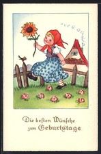 Künstler-AK Liesel Lauterborn: Mädchen trägt Sonnenblume an singendem Rotkehlch 