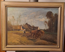 Großes Öl auf Leinwand Karl Mohr Düsseldorf 1922-2013 Pflügender Bauer Pferde