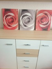Wunderschöne Wand Bilder SET Rosen Rot Grau Tropfen Optik Rechteckig 3-teilig 