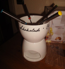 Schokoladen Fondue Set Chocolatiere Porzellan 4 Gabeln Edelstahl weiß *NEU/OVP*