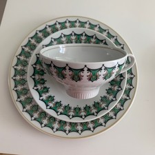 Sammeltasse Sammelgedeck Porzellan Lettin grün weiß Landhaus 3tlg.