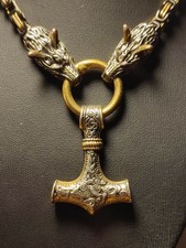 Wikinger Herren Halskette schwer in Gold mit Wölfen und Thors Hammer