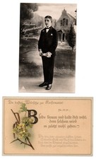 Herzlichen Segenswunsch zur Konfirmation Junge mit Buch Tuch vor Kirchenschiff