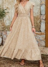 damen kleid 40 Beige Weiß Neu Gr.L Langes Kleid Wunderschön