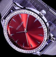 Excellanc Uhr Damenuhr Rot SIlber Farben Mesh Milanaise Armband Strass M-1