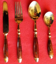 6 Personen Edel Luxus Besteck Set Satz Gold Bronze Holz Rosenholz Teak antik