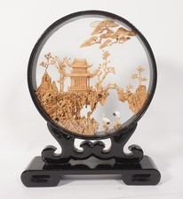 Vintage Asiatika China große Korkschnitzerei Diorama Landschaft Vögel Gebäude