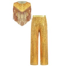 DE Mädchen 70er 80er Jahre Kleidung Set Disco Outfit Pailletten Crop Top + Hose 