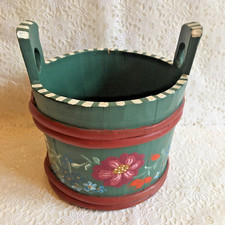 Vintage - kleines Butterfass handbemalt aus Holz mit Bauernmalerei -Shaby petrol