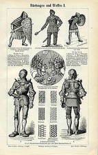 Rüstungen und Waffen Ritter 2 Schwerter Schilde Keule Original Tafel v 1892 Uxz