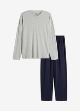 Pyjama mit V Ausschnitt Gr. 52/54 (L) Hellgrau Dunkelblau Herren-Nachtwäsche Neu