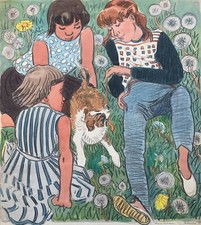 Aquarell Karl Adser 1912-1995 Impressionist Kinder und Hund auf einer Wiese