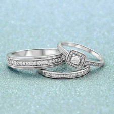 14k Weiß Vergoldet 3Ct Ihn Sie Diamant Ehering Labor Erstellt Trio Ring Set