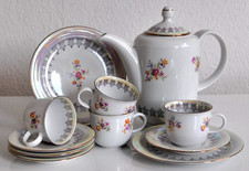 Kahla Kaffeeservice Perlmutt geblümt Tassen Teller Kanne Made in GDR Vintage 4P