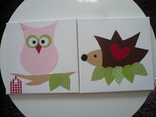 Wandbilder 2 Leinwandbilder Stoffbilder Leinwände Kinderzimmerbild Eule Uhu Igel