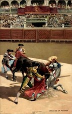 Ak Stierkampf, Torero, Stier greift an, Verletztes Pferd - 4594676
