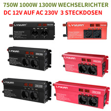 750W 1000W 1300W Spannungswandler DC 12V auf AC 230V Wechselrichter 4USB 3AC LCD
