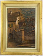 Friedrich (Fritz) Hartmann 1878-1961 Gemälde Haus mit Treppe & Brunnnen