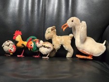 6 alte Steiff Tiere, Bauernhof, Gans Tulla, Ziege Zicky, Hahn, Henne, Buntfink