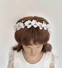 Mädchen Haarreif Haarschmuck mit Blumen Perlen zum Kommunion Kleid Weiß