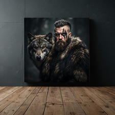 Wikinger mit Wolf Leinwand Poster – Nordisch Krieger Wandbild – Viking Deko XXL