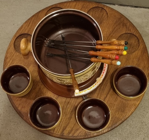 Emaille fondue set - fondue-set, holz