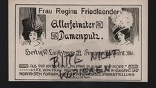BERLIN, Werbung 1909, Frau Regina Friedlaender Damen-Hüte
