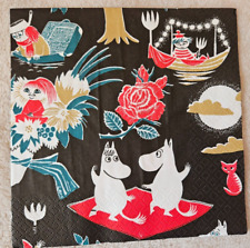 3 Servietten ~ Moomin Magic Black - Tanzende Moomins und Blumen   ~ M 006