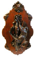 Uralt Skulptur Jagd Trophäe Holz geschnitzt Hirsch Fasan Flinte 1850 groß Bild
