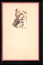 Künstler-AK Dame mit Pfauenfeder und Harlekin im Kostüm 