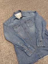 Replay Jeanshemd Herren mittelblau Baumwolle Perlen Druckknopf Western Cowboy Rodeo Kragen