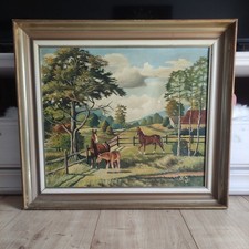 Dachbodenfund Ölbild / Acrylbild (?) Landschaft / Tiere mit Holzrahmen 