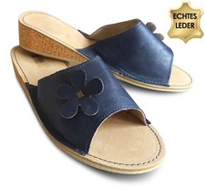 Damen Hausschuhe Sommer Pantoletten Pantoffeln Blau Echtleder Kork, Gr. 37 - 41