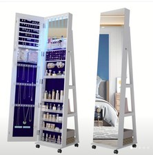 Schmuckschrank mit LED-Leuchten & Rollen Spiegelschrank Ganzkörperspiegel