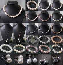 Perlenkette Perlen Armband Ohrringe Muschelkernperlen Schmuck Set Hochzeit VS7#