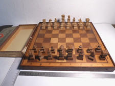 antik kubistisch Schachspiel Holzfiguren Schachbrett geklebtes Mosaik! 34x34 cm