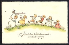 Künstler-AK Liesel Lauterborn: Kinder bei einem Umzug, Geburtstagsgruss 1937 