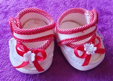 Puppenschuhe rot/weiß mit roten Schleifchen, Gr.1  (~5 cm), aus Lagerbestand
