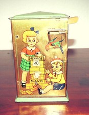 Uralte Blechspardose mit Zählwerk farbig lithographiert, D.R.G.M s. Beschr. (15)