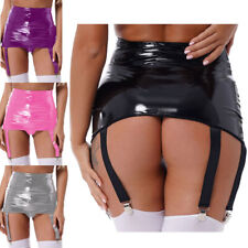 Damen Strumpfgürtel Wetlook Strumpfhalter Glänzend Strapse 6-Metallclips Dessous