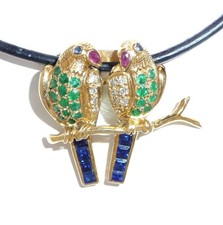 Anhänger Papageien 750 Gelbgold 0.15 ct Diamanten 0.80ct Edelsteine 23,8 mm lang