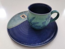 Vintage Teller & Becher SHC getöpfert Unikat blau-grün Blumen handgefertigt Deko