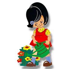 1970er Mertens-Kunst Holzfigur: Gießkannen Mädchen 23cm Vintage Garten Deko RAR